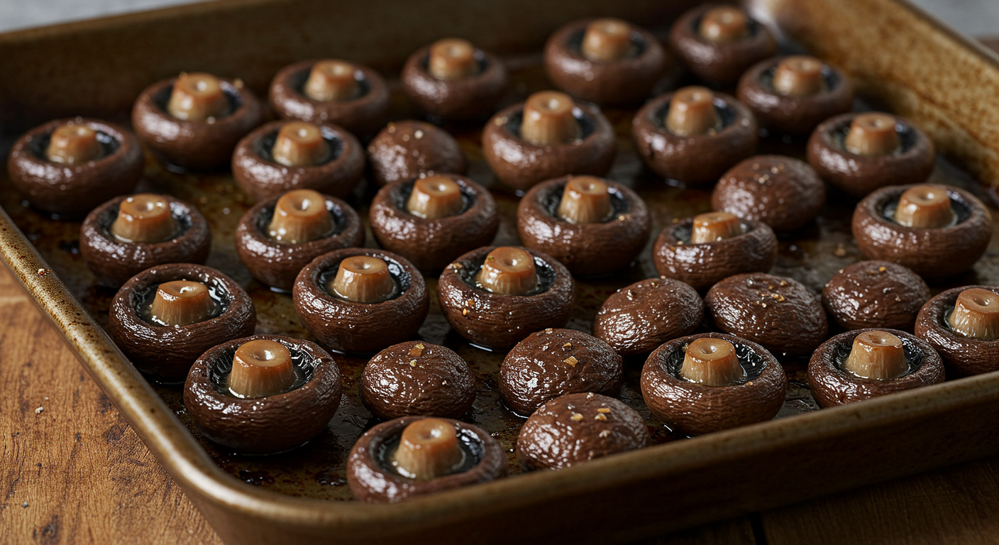 a pan of mushrooms and mushrooms on a baking tray