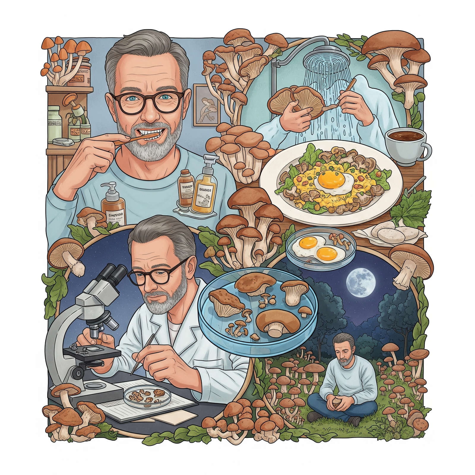 a man in a lab coat and glasses is looking at a microscope