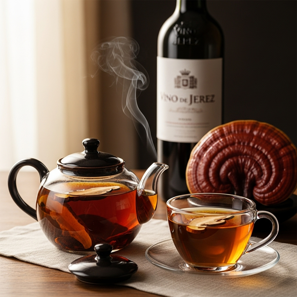 a teapot with a cup of tea and a bottle of wine
