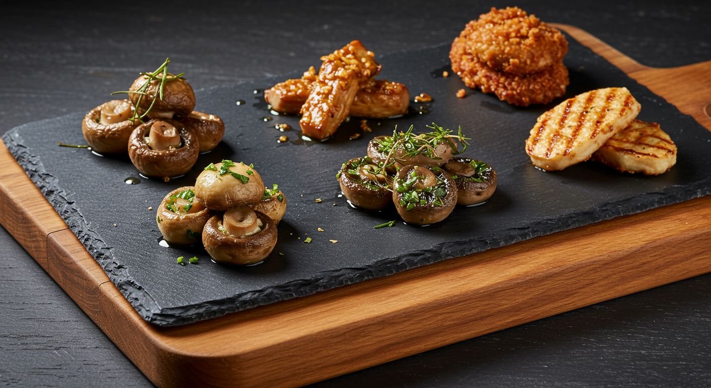 a plate of food with mushrooms and potatoes
