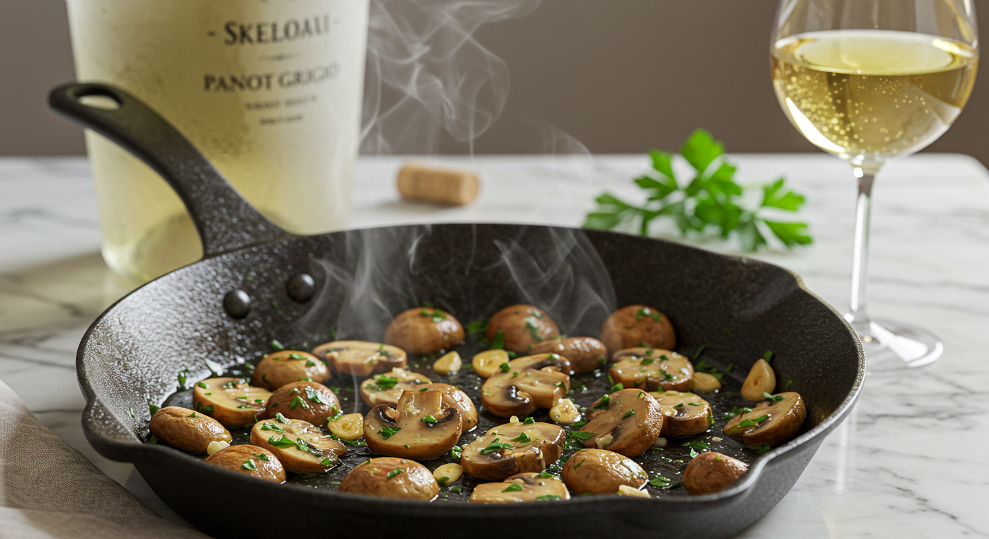 a skillet with mushrooms and wine in a skillet
