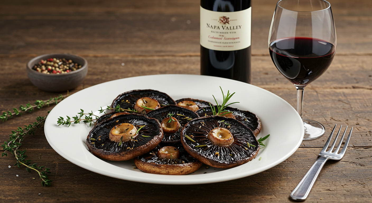 a plate of mushrooms and wine in a white plate