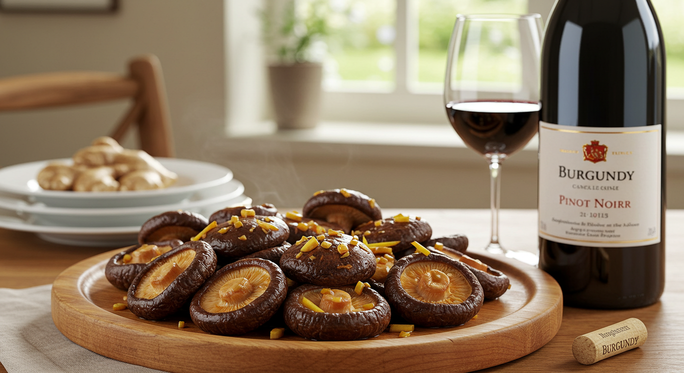 a plate of mushrooms and wine in front of a wine glass