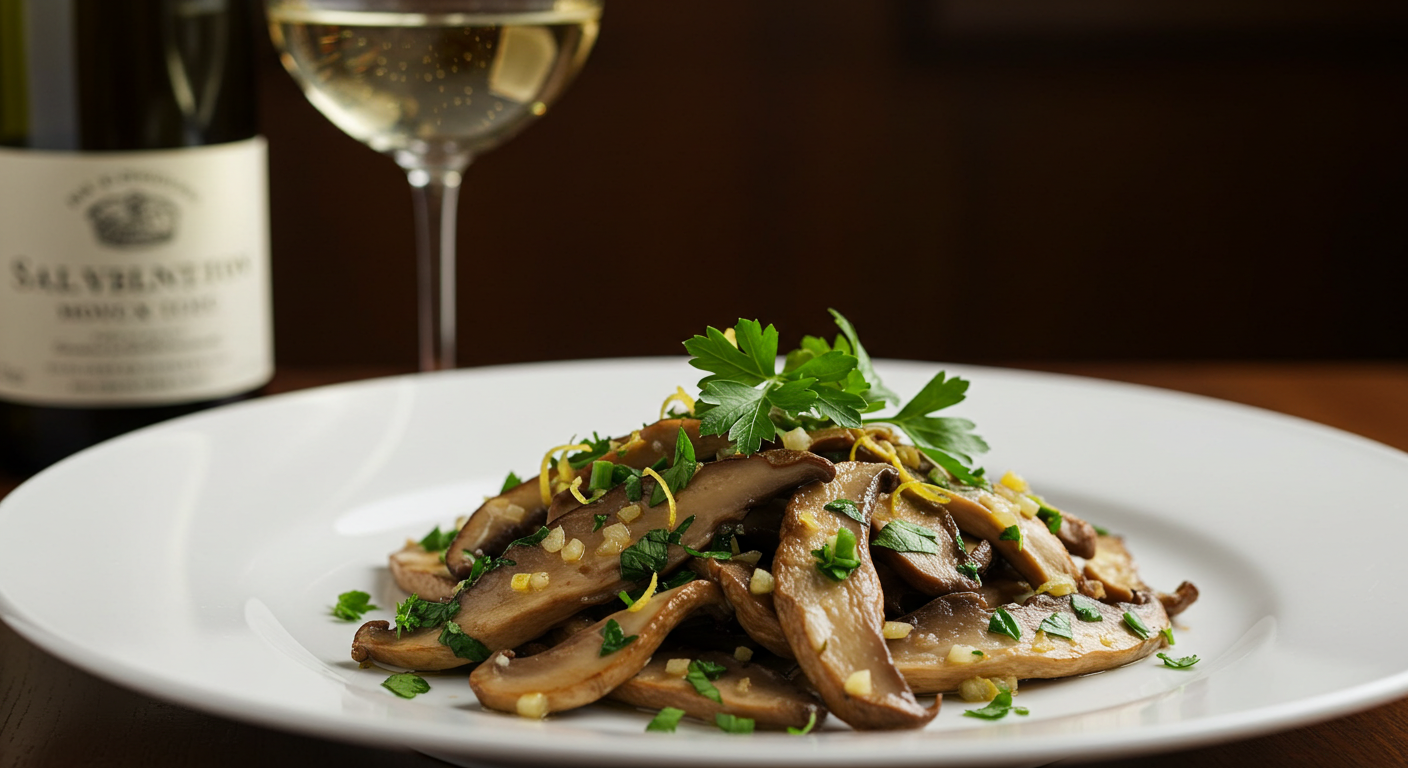 a plate of mushrooms and a glass of wine