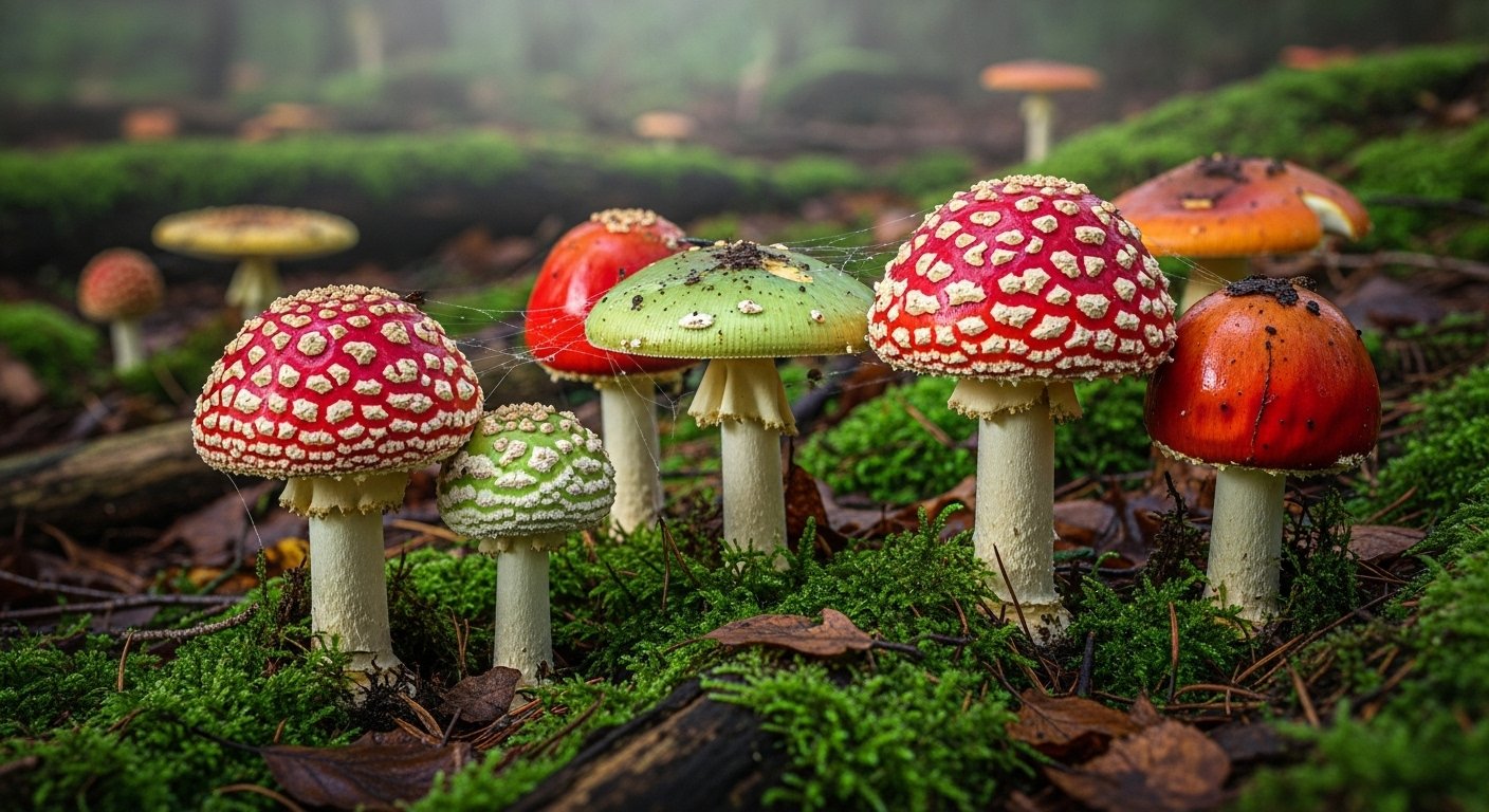 a group of mushrooms and toad toads on a mossel