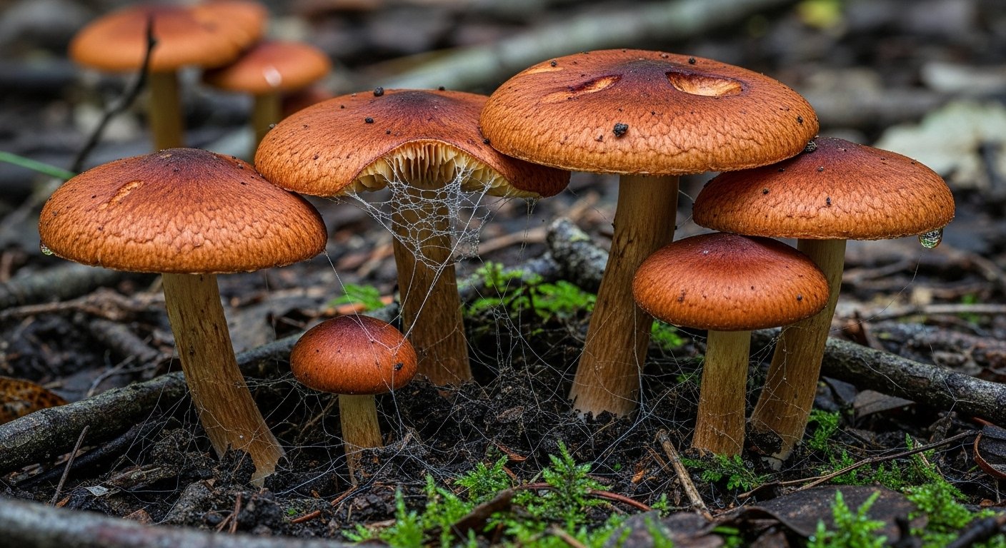Hongo Cortinarius de color marrón rojizo en suelo húmedo, captado con luz difusa y textura de miceli