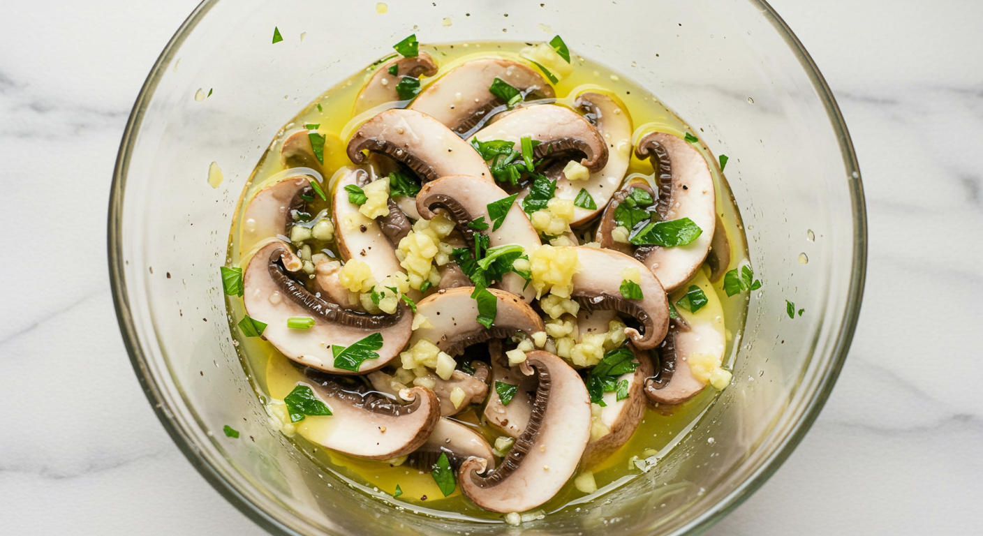 a bowl of mushrooms and mushrooms with a glass bowl of mushrooms