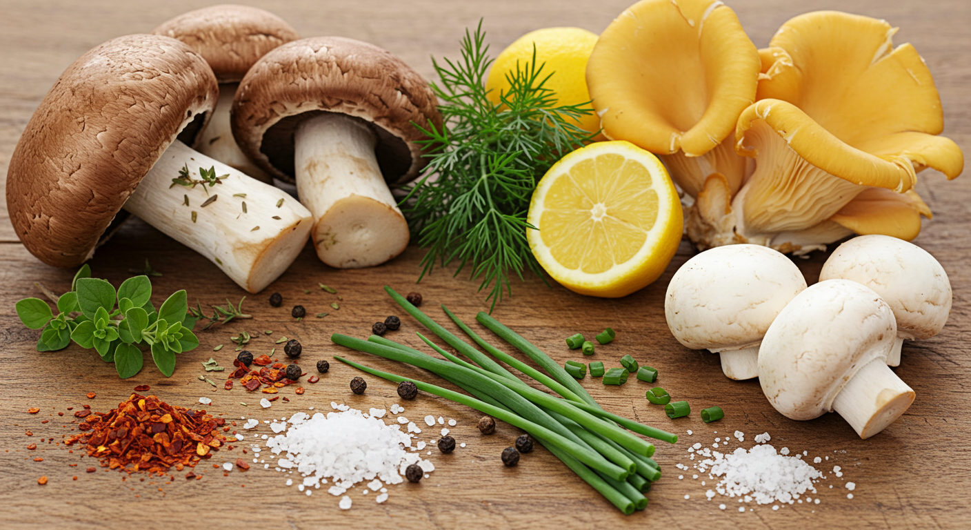 mushrooms and mushrooms are on a wooden table